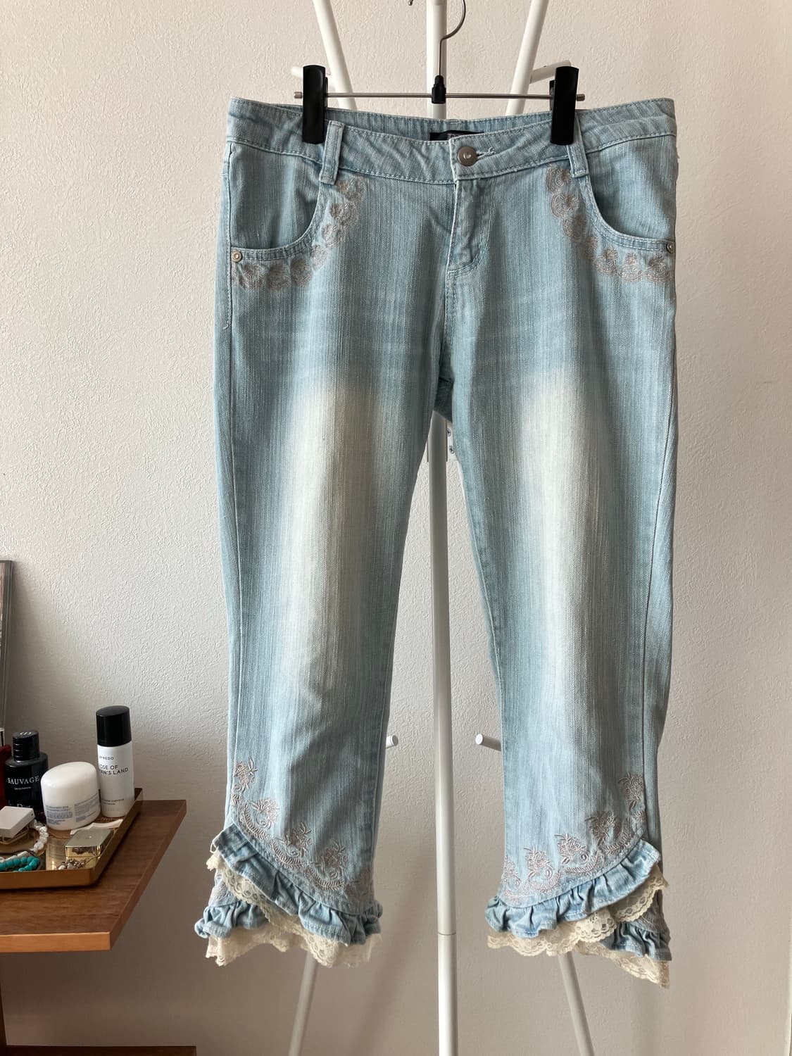 일본빈티지 Ryuryu 밑단 레이스 러플 장식 카프리팬츠 7부바지 상품이미지1