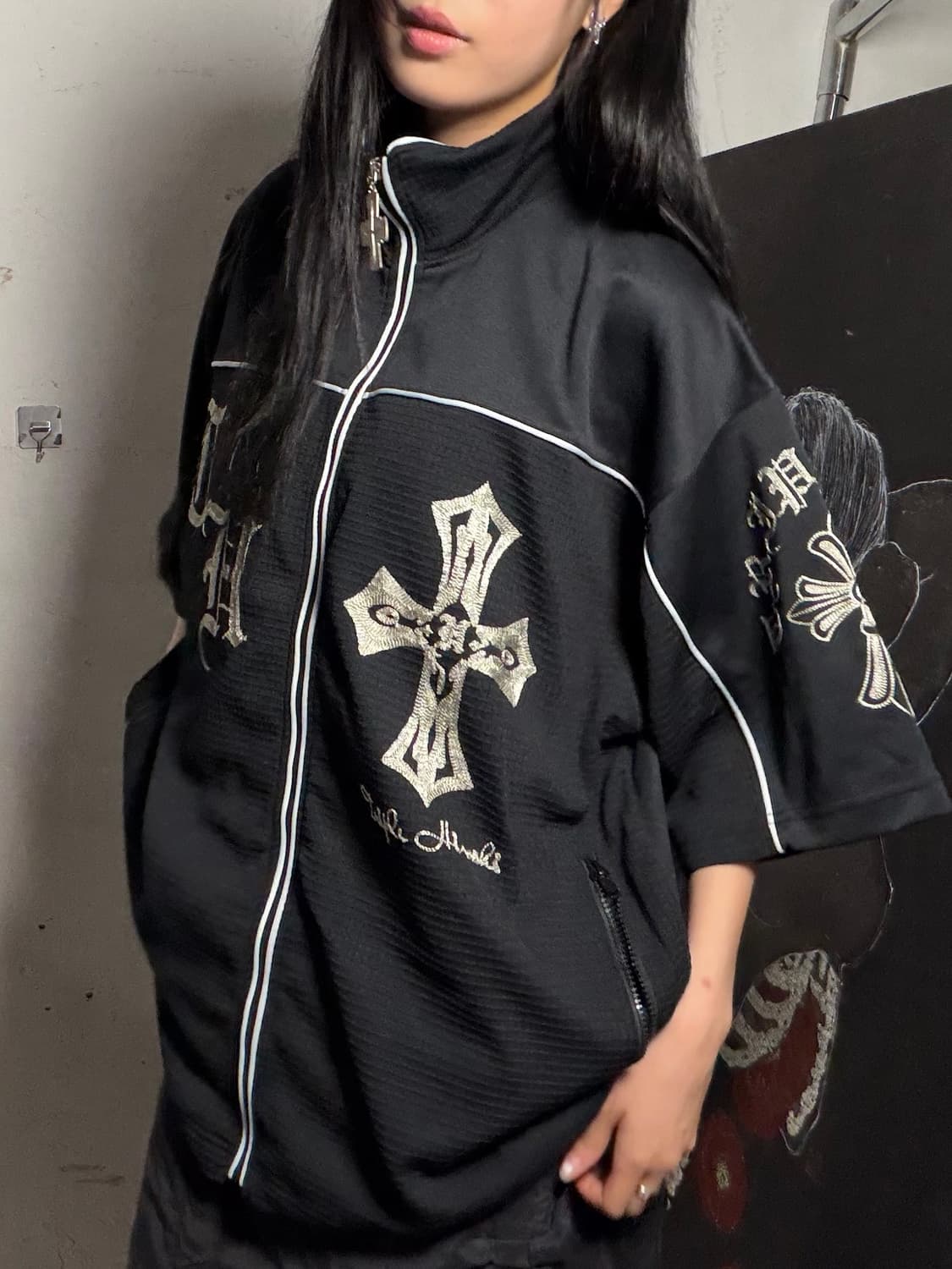 JPN 일본 빈티지 고딕풍 십자가 프린팅 오버핏 반팔 져지 집업  상품이미지2