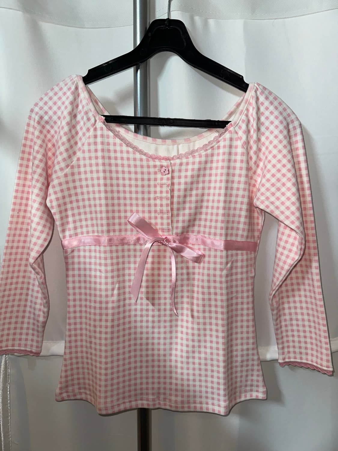 핑크 리본 체크 긴팔티 상품이미지1