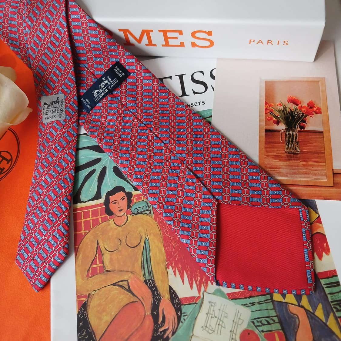 에르메스 실크 레드 H 패턴 넥타이 8.1cm B등급 E721 상품이미지4