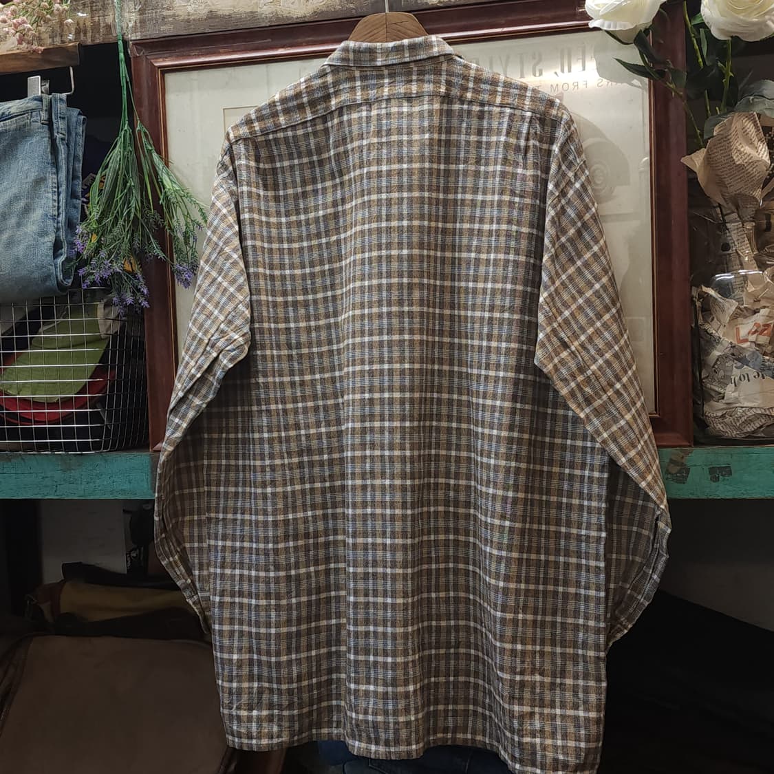 60s 프랑스 워크셔츠 가드너 빈티지 셔츠 브라운 롱 튜닉 셔츠 L 상품이미지4