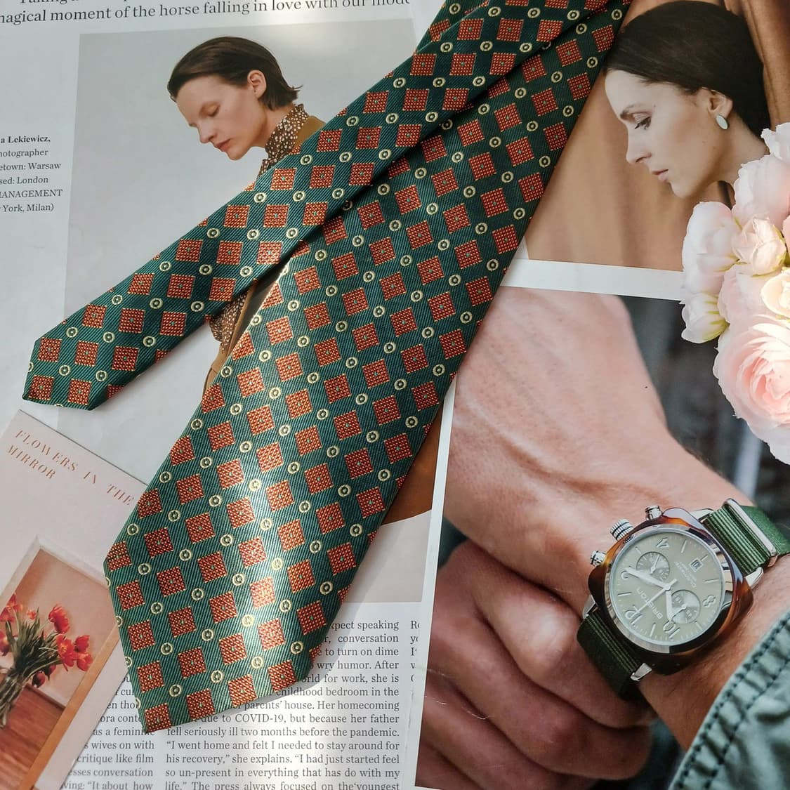 아쿠아스큐텀 실크 옐로&그린 다이아 넥타이 9.3cm A등급 A18919 상품이미지4