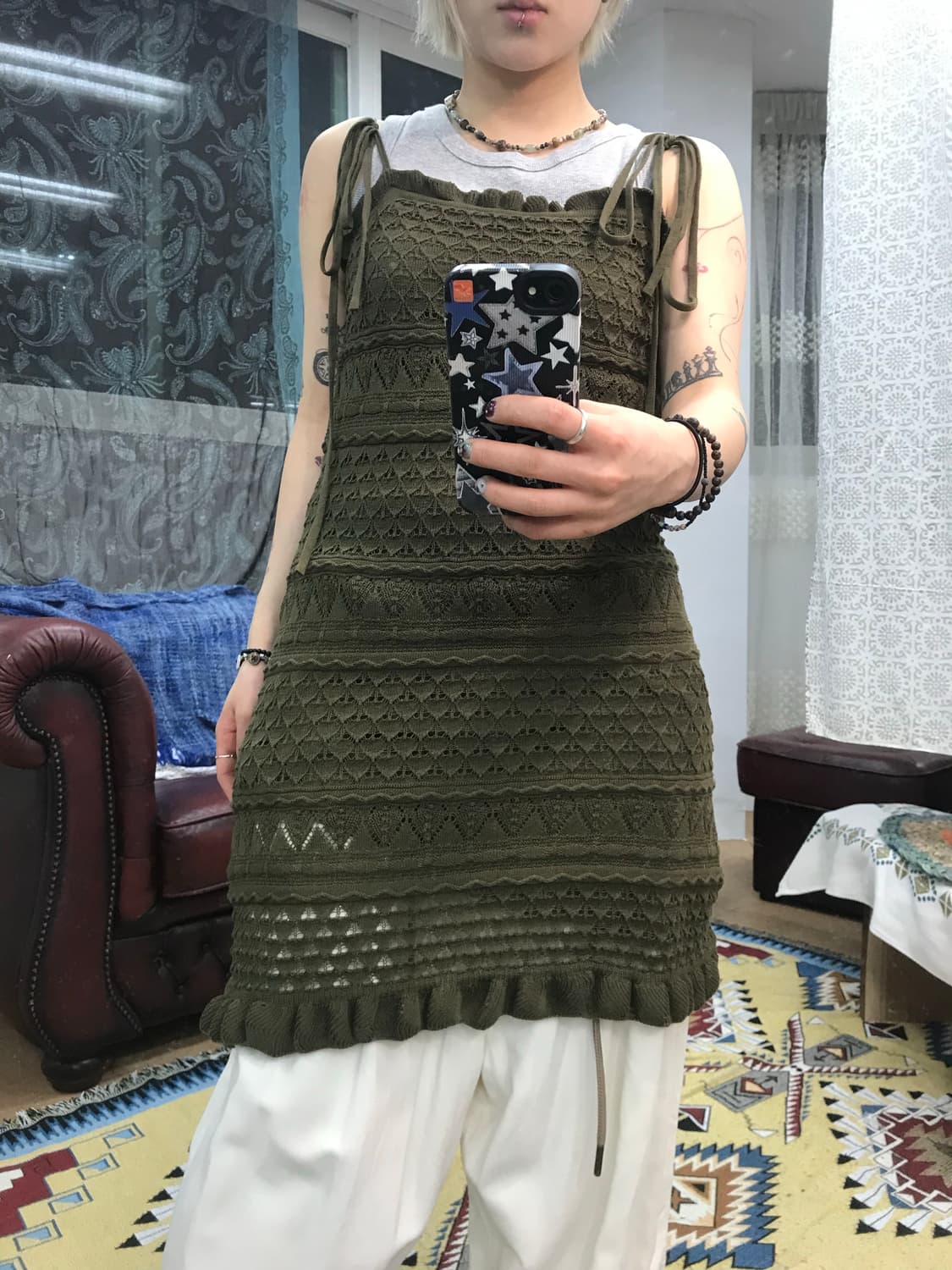 제페니즈 빈티지 여성 펀칭 니트 롱 민소매 원피스 (Z1004) 상품이미지1