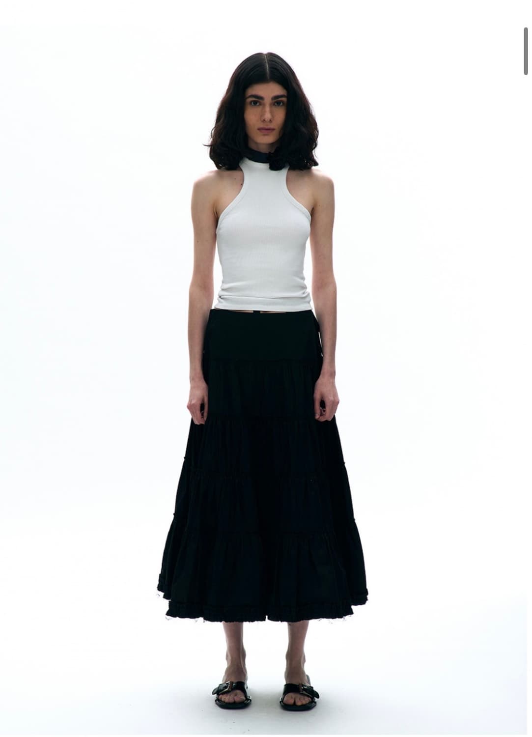 컷 오프 벨티드 티어드 미디 스커트 블랙 상품이미지2