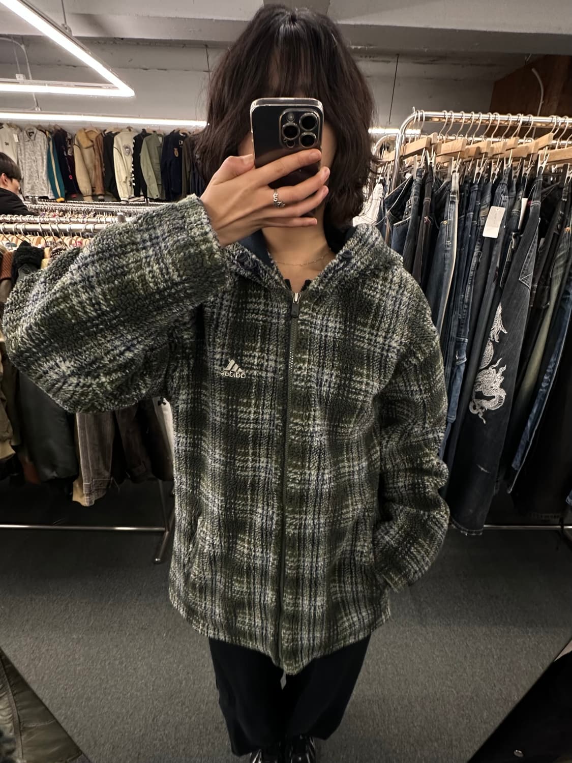 105)90’s 아디다스 빈티지 셰르파 체크 후드 자켓 상품이미지3