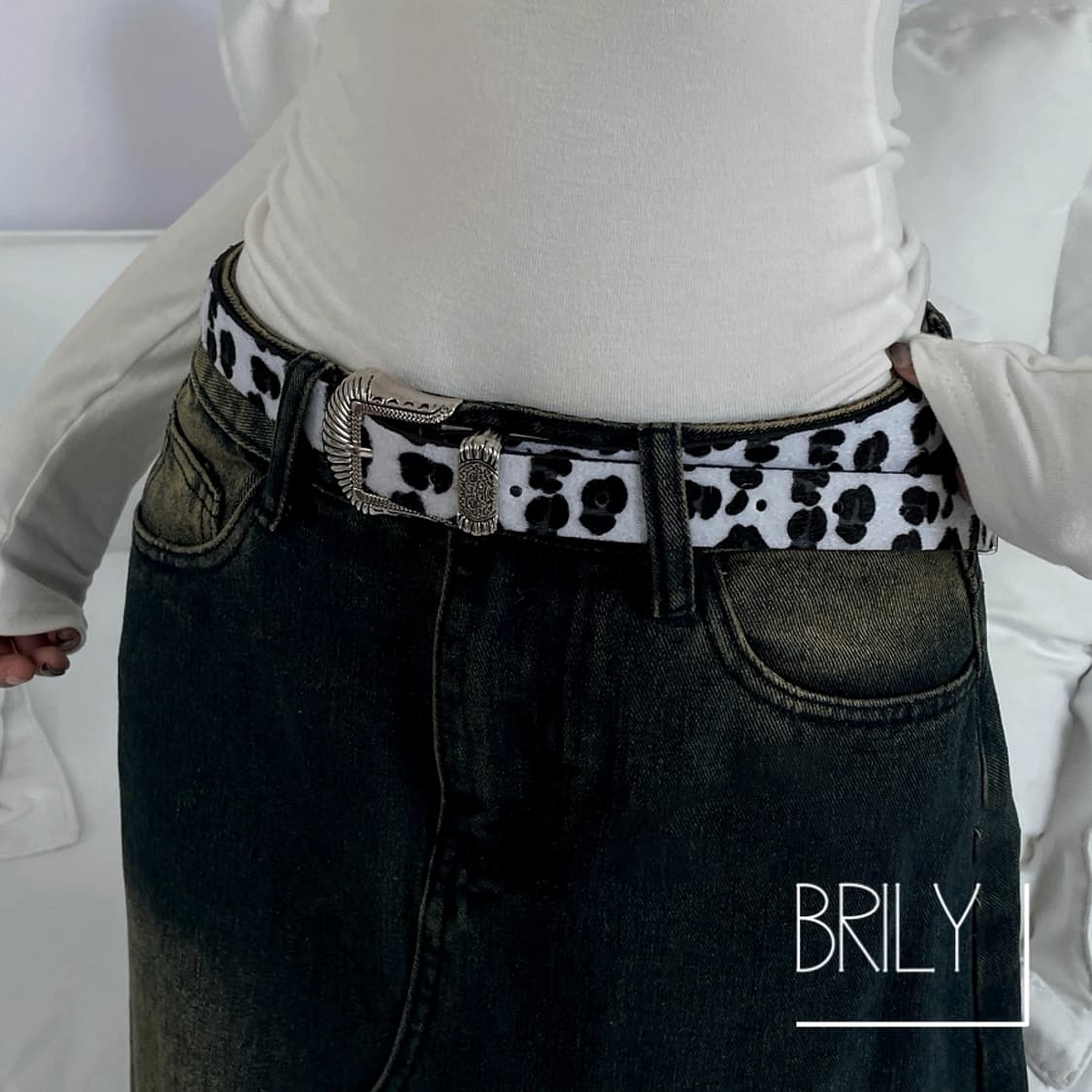 [Unisex] KAY 레오파드 호피 송치털 웨스턴 가죽 벨트 화이트 상품이미지4