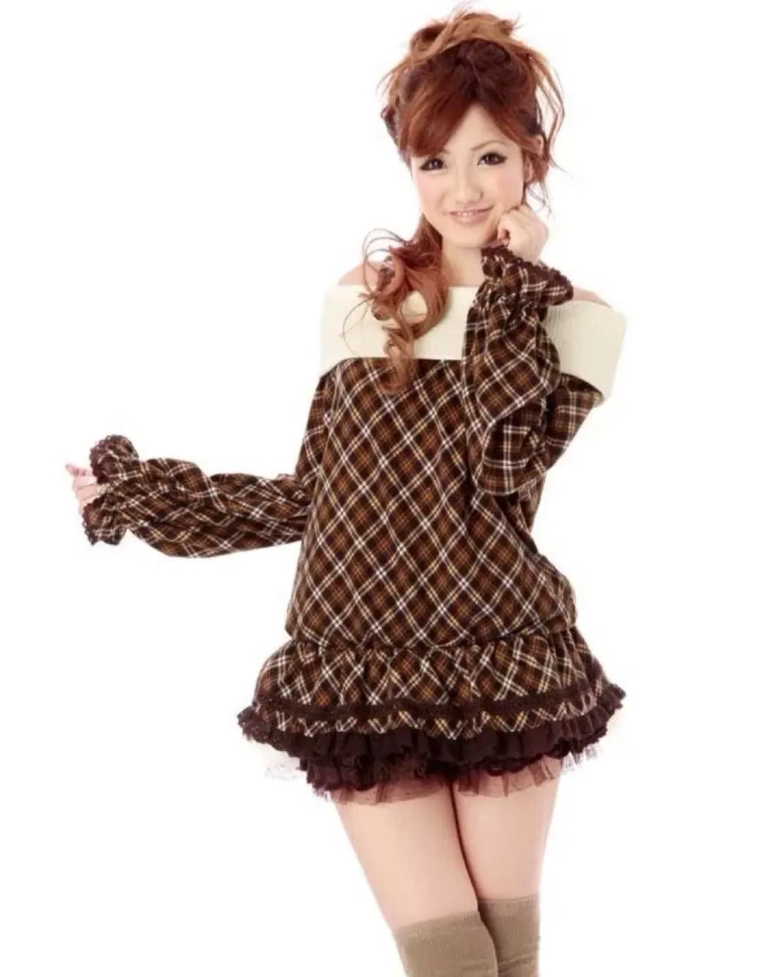 대대장!) 리즈리사 라떼갸루 히메갸루 체크 초코 오프숄더 원피스 상품이미지1