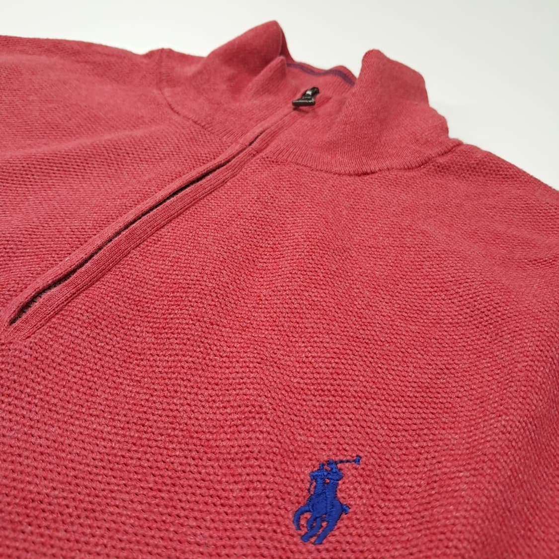 CL029 폴로 피마코튼 레더풀러 블루포니 레드 쿼터집업 니트 스웨터 상품이미지5