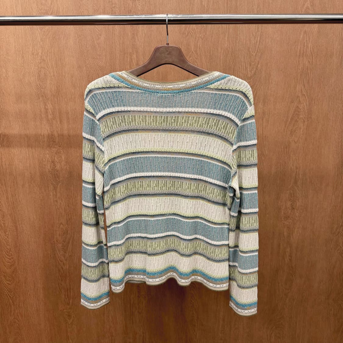 캐서린 안드레 스트라이프 니트 가디건 멀티 텍스처 배색 디테일 민트 블루 상품이미지3