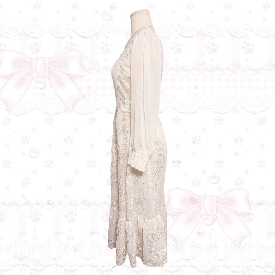 로판 영애 생화이트 플라워 패턴 골드 자수 포인트 스퀘어넥 프릴 원피스 상품이미지2