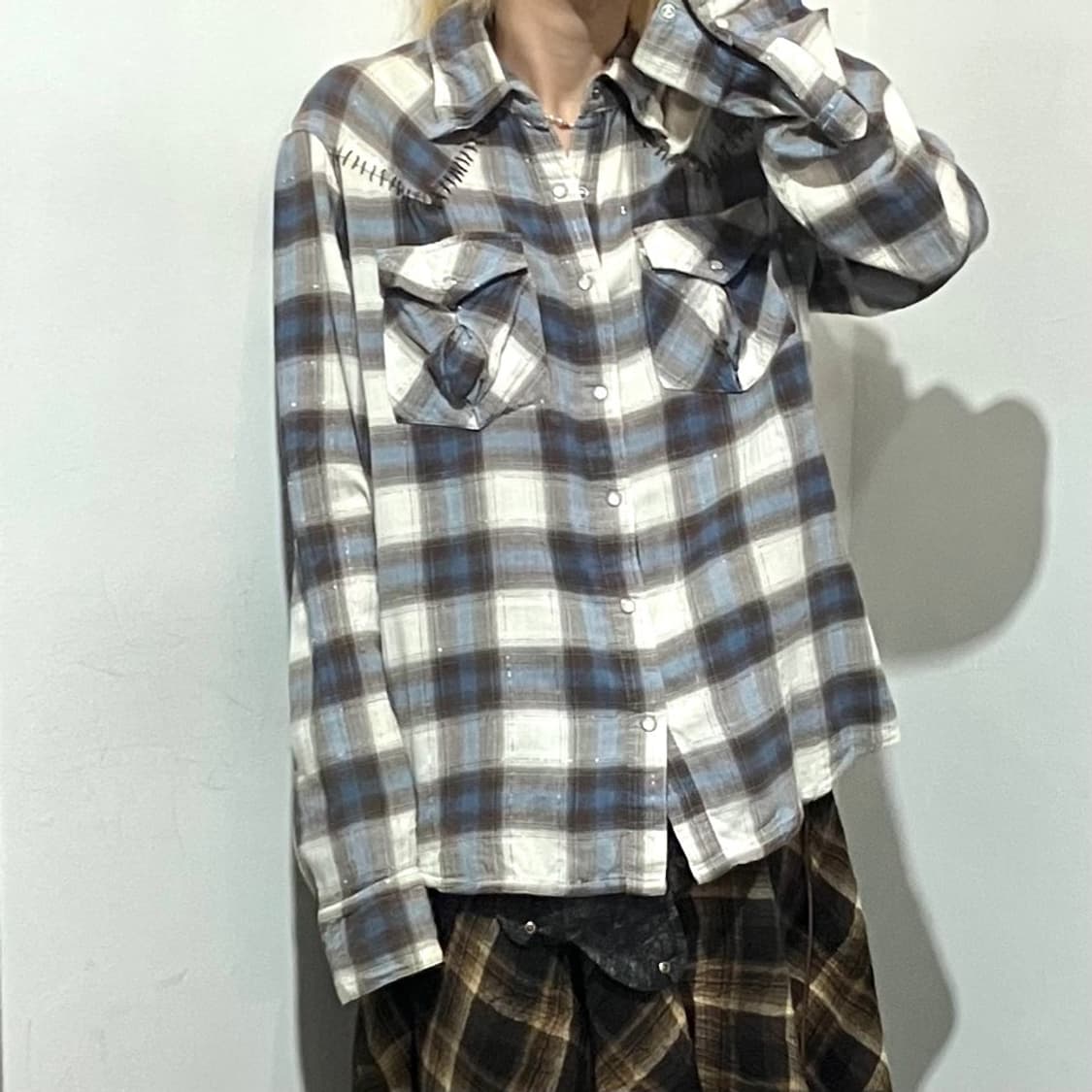 빈티지 패치워크 체크 셔츠 상품이미지1