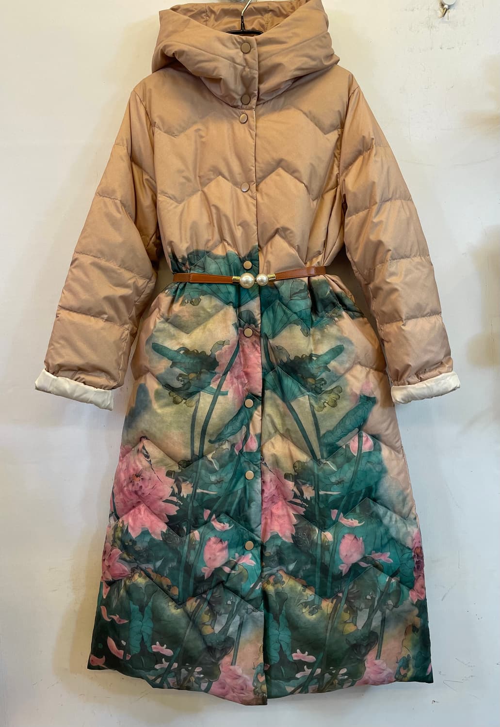 수입 플라워 오리털 덕다운롱패딩 여성롱패딩 꽃무늬패딩점퍼:) 하객룩연말룩 상품이미지1