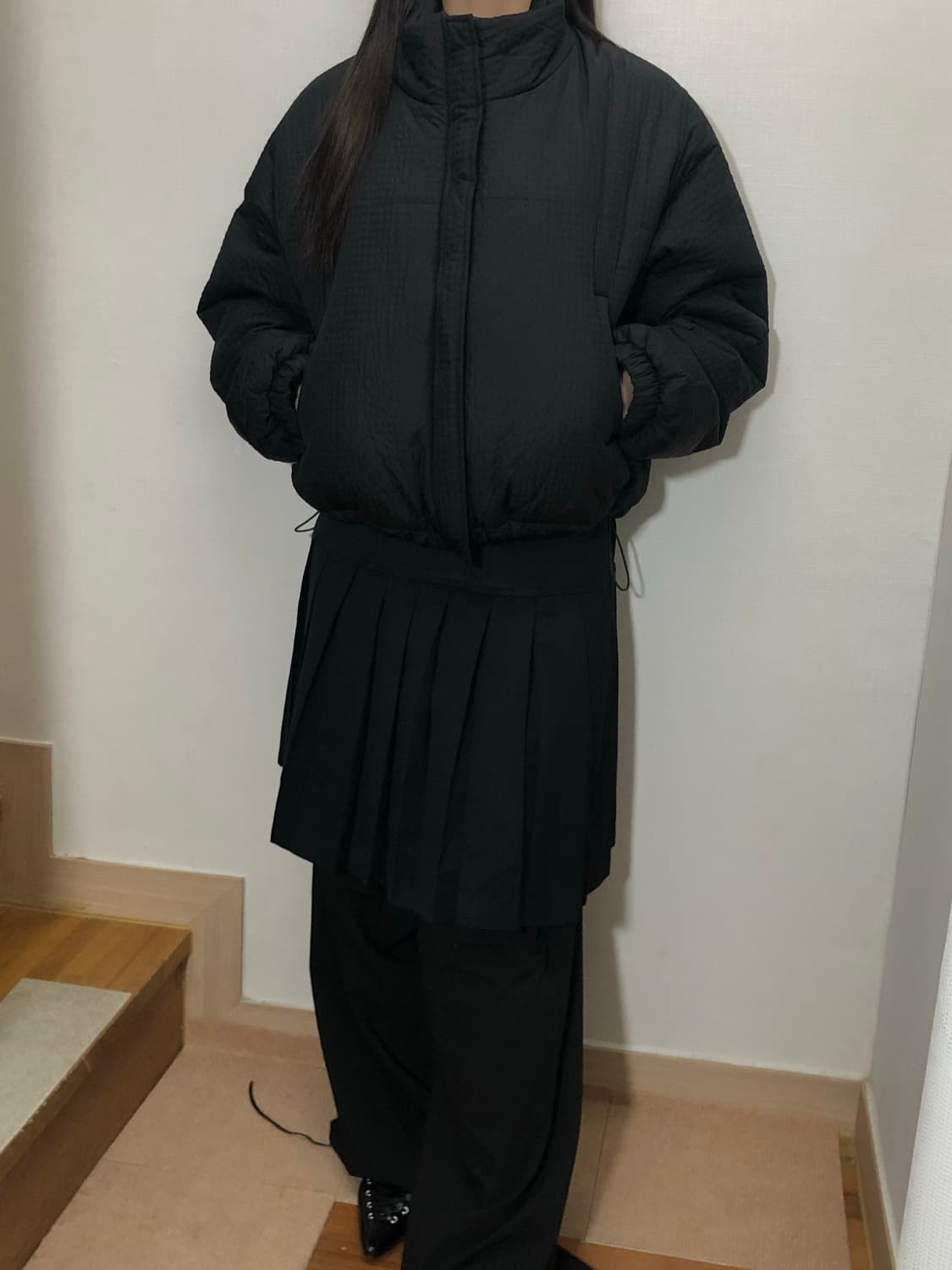 빈티지 블랙 체크 숏 패딩 상품이미지3