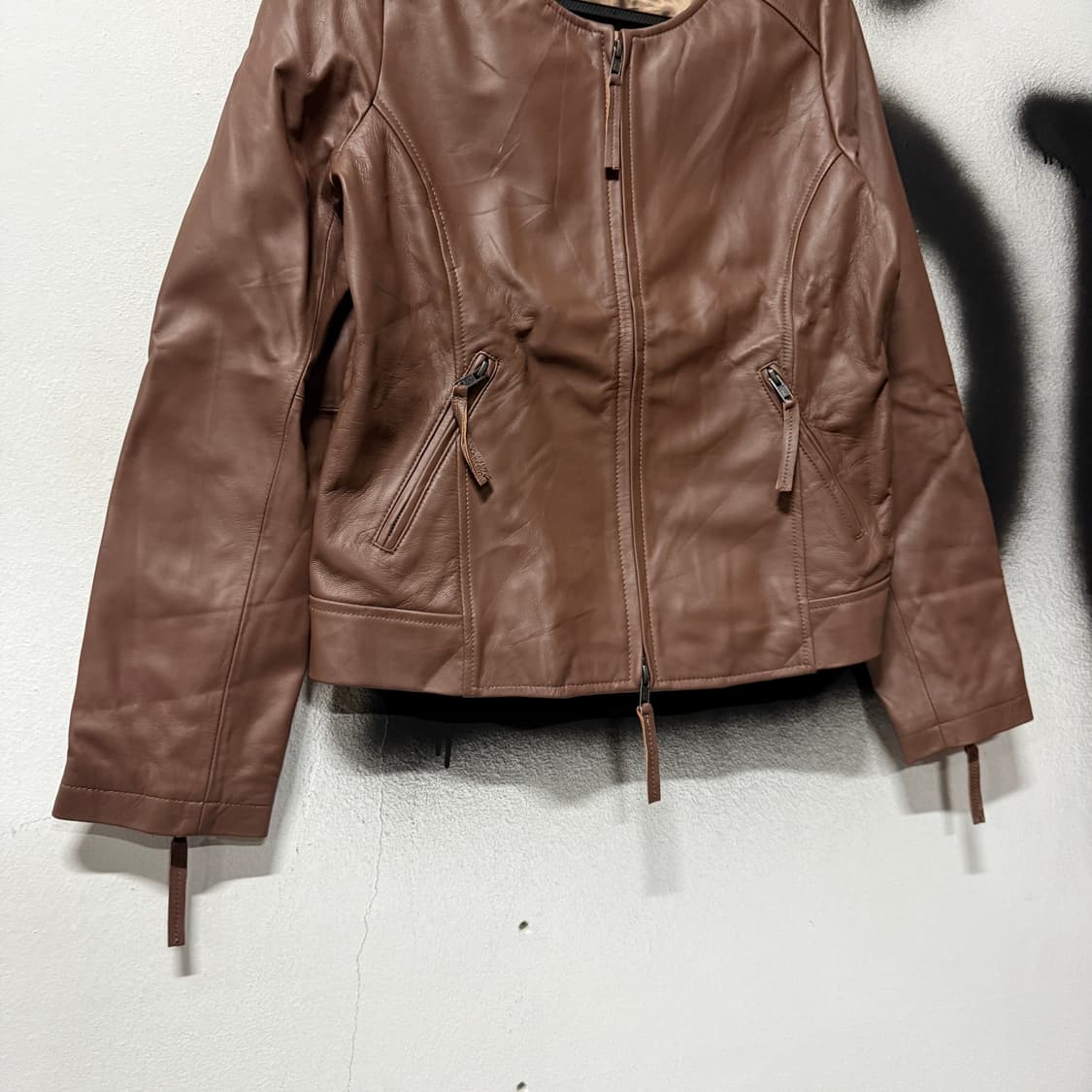 VTG 빈티지 100% 양가죽 오픈 카라 집업 쉽스킨 레더 자켓 상품이미지5