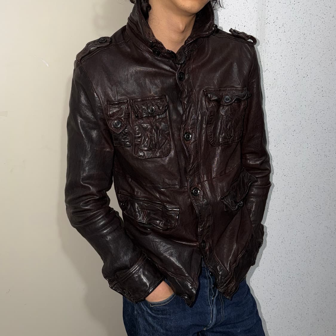 크링클 하이넥 레더 필드 자켓 상품이미지1