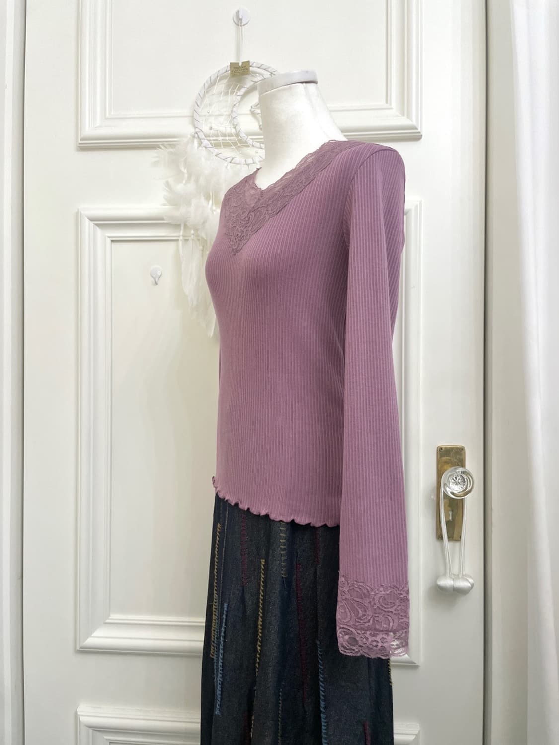 purple lace point rib basic top(size-M) 상품이미지3
