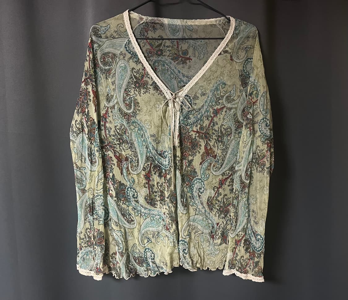 에스닉 페이즐리 패턴 시스루 블라우스 상품이미지1