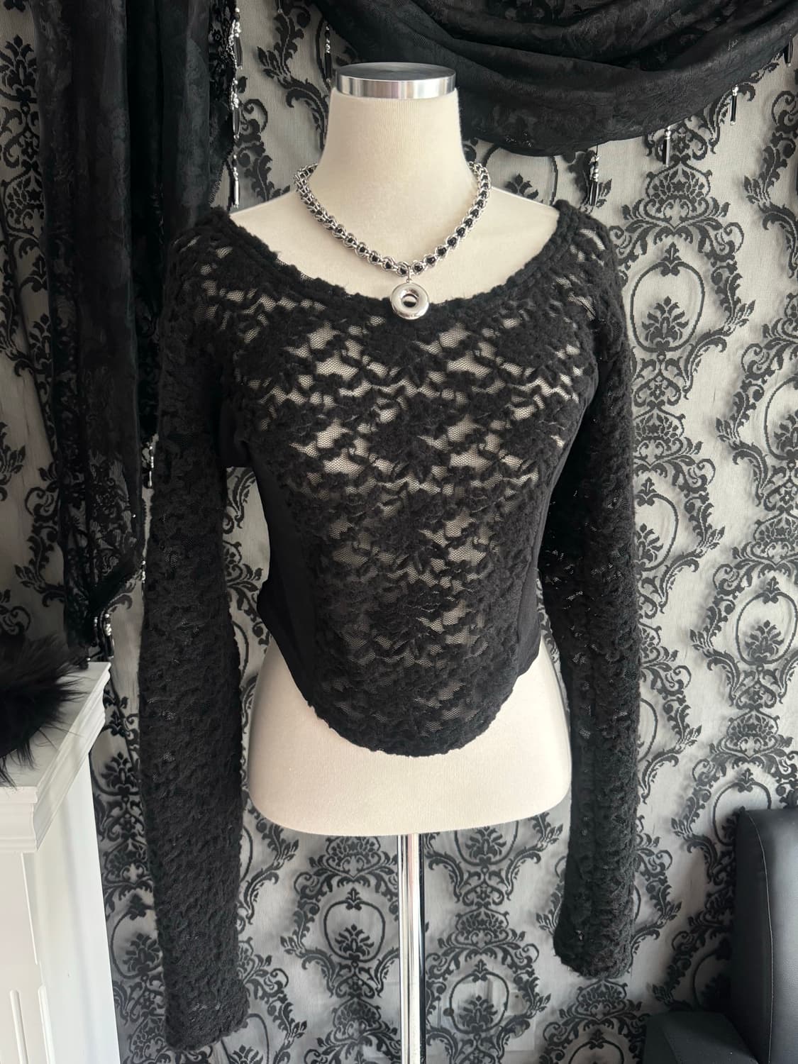 플라워 시스루 바디수트핏 티셔츠 상품이미지5