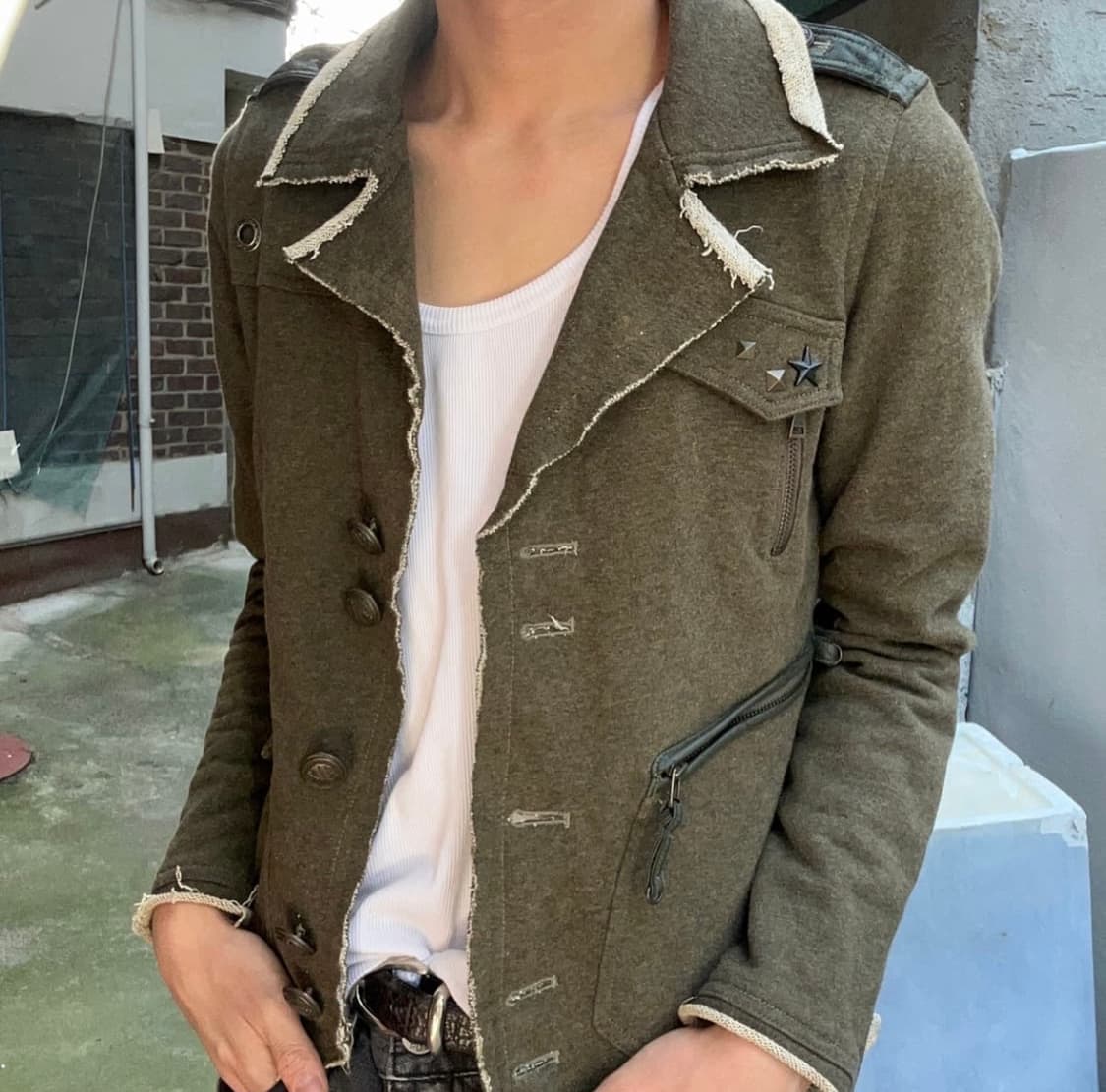 빈티지 푸부 펑크 카키 코튼 디테일 라이더 집업 자켓 상품이미지1