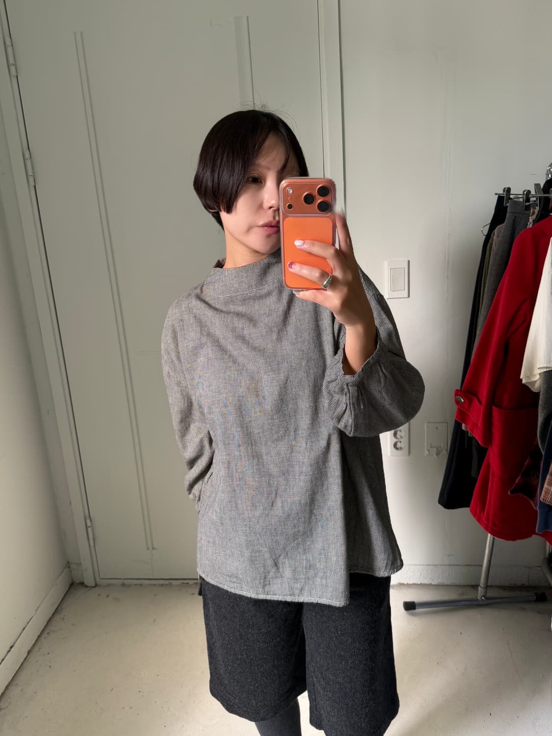 일본빈티지 그레이체크 버튼 블라우스 상품이미지1