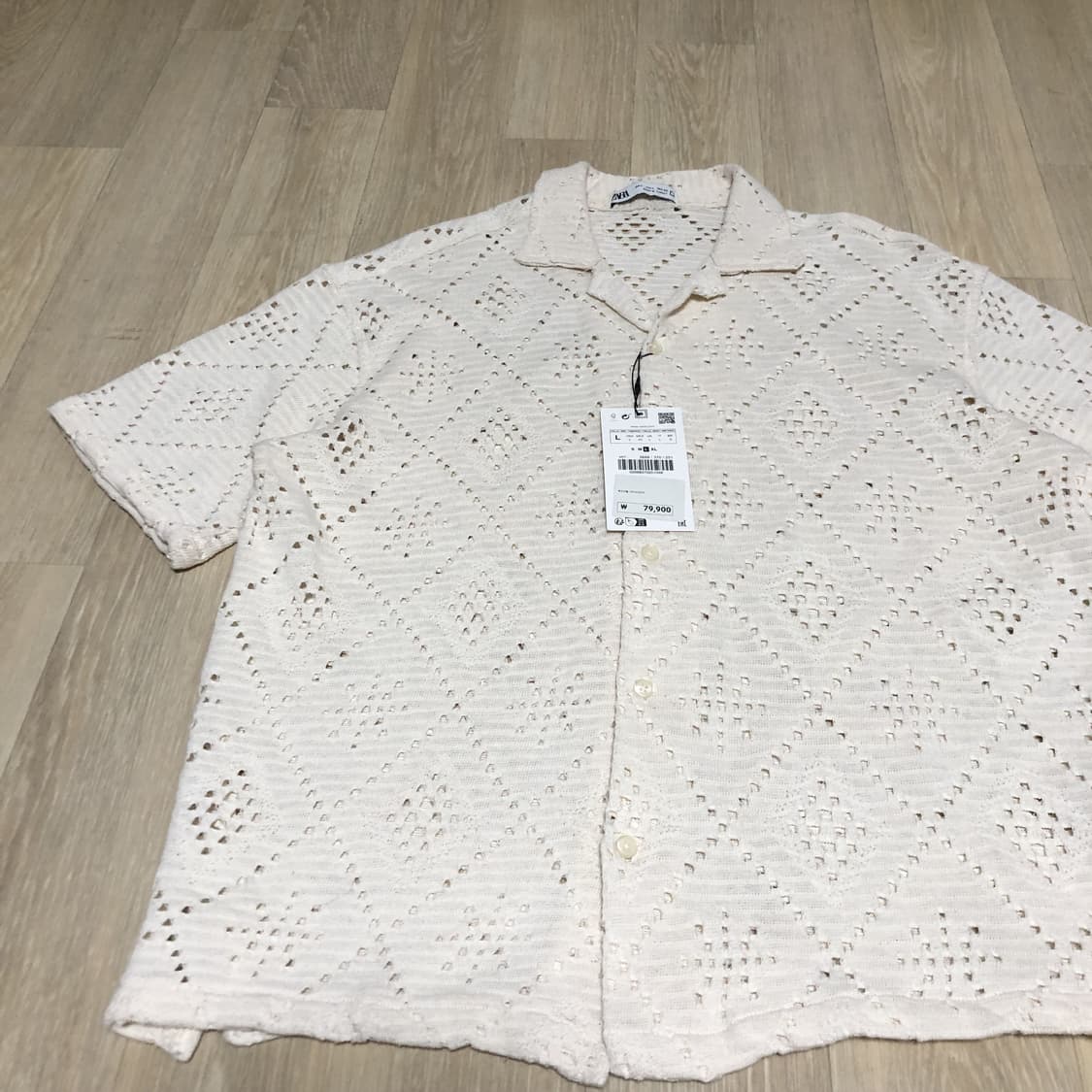 (L) 새상품 ZARA 자라 텍스처드 크로셰 반팔 셔츠 아이보리 상품이미지2