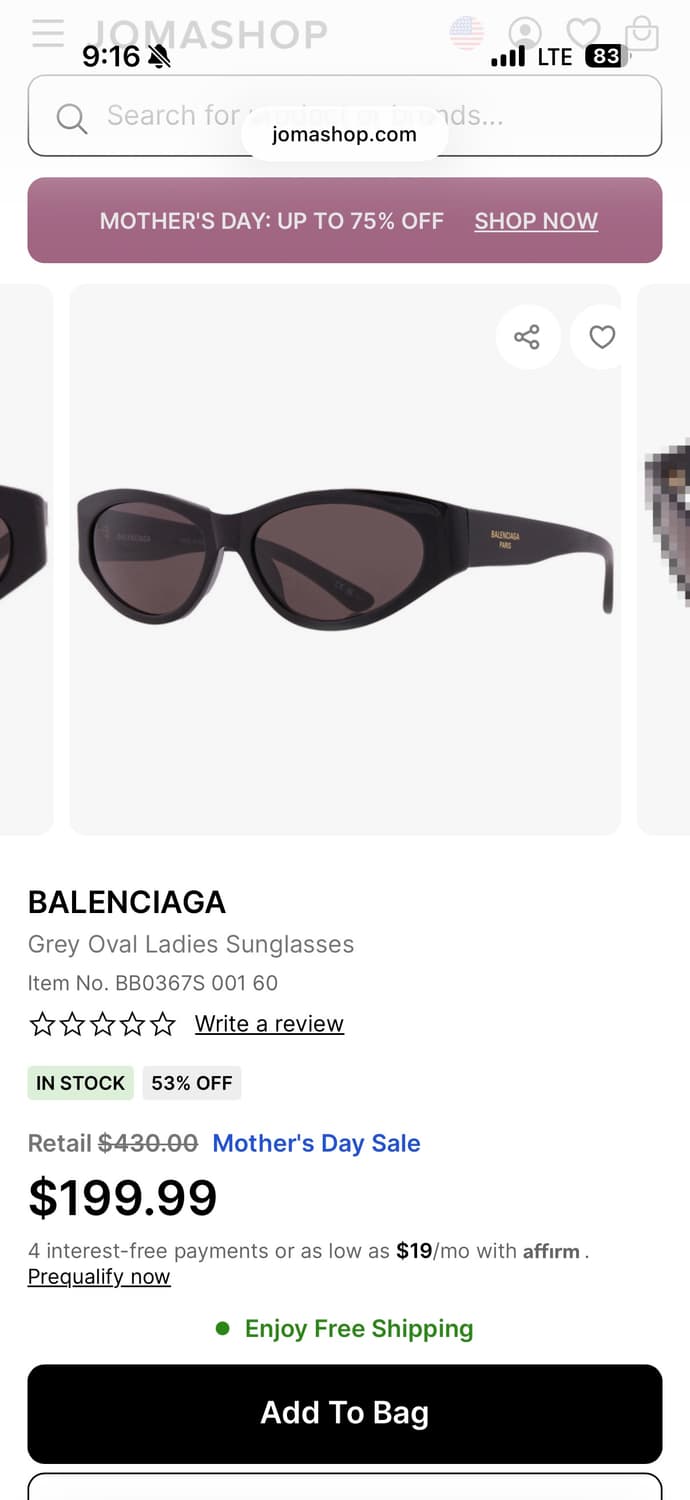 발렌시아가 선글라스 bb0367s 001 상품이미지1