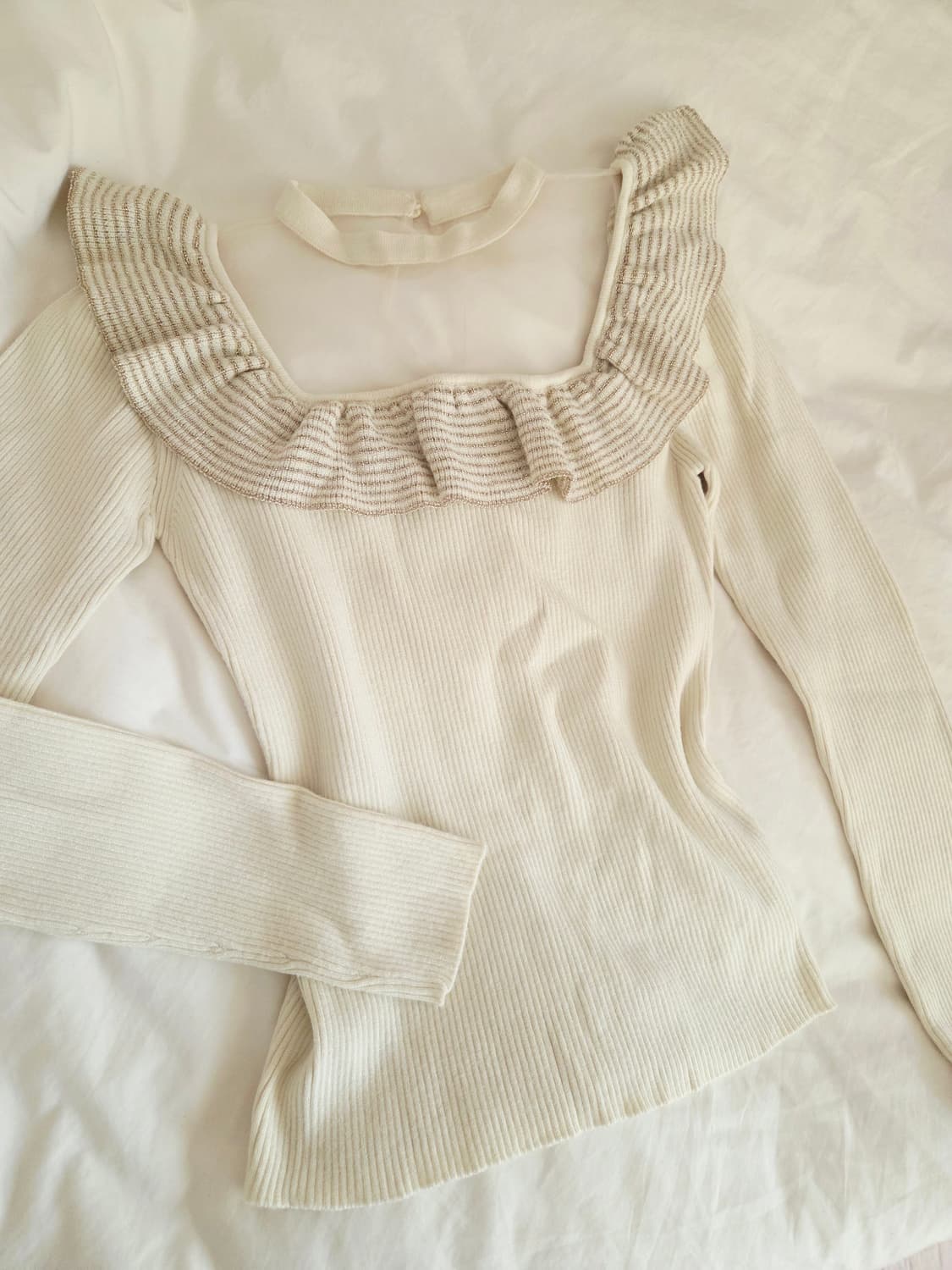 Ivory Square-Neck Ruffle Knit Top 상품이미지1
