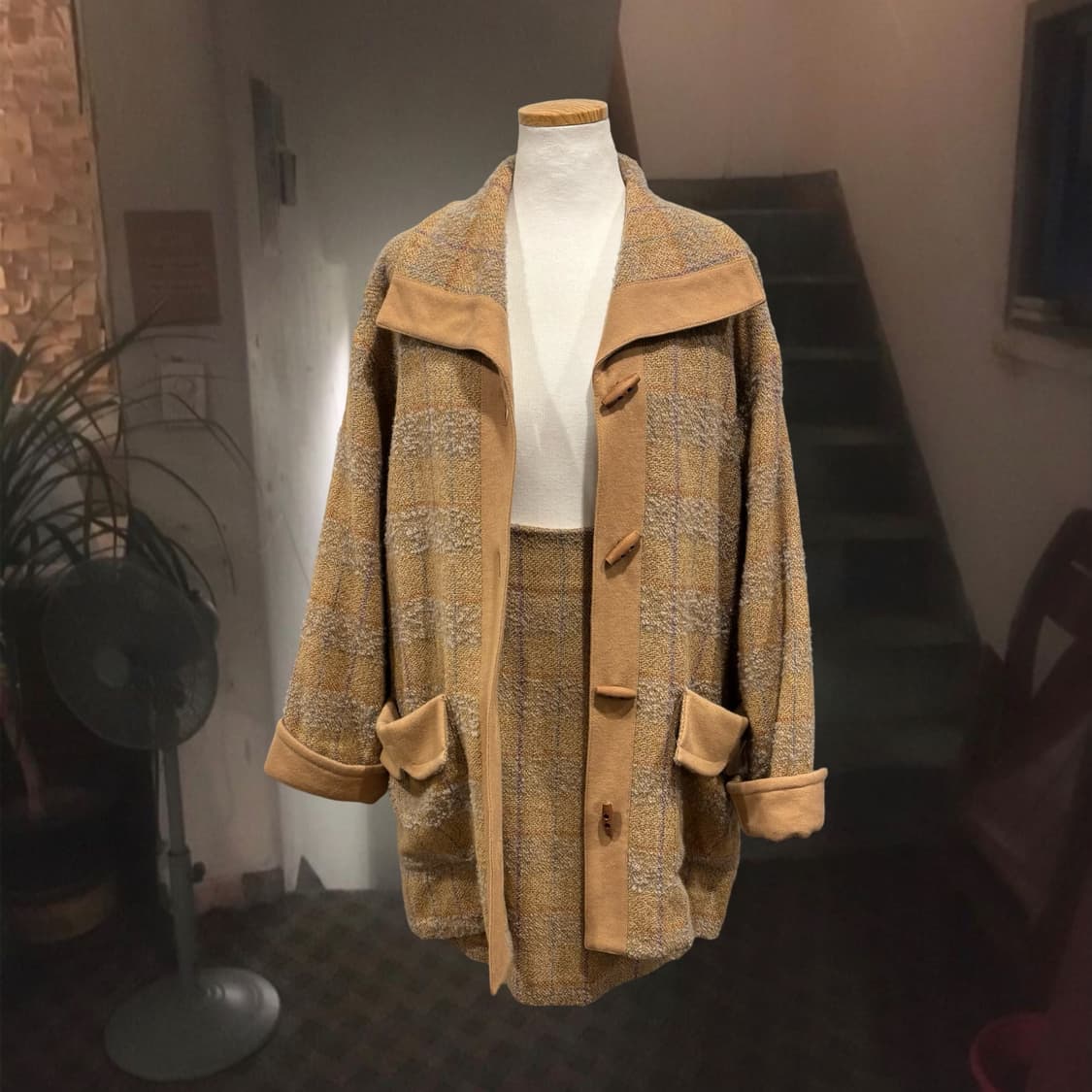 일본 빈티지 루즈핏 부클 빅 카라 체크 더플 울 자켓 투피스 셋업 상품이미지4