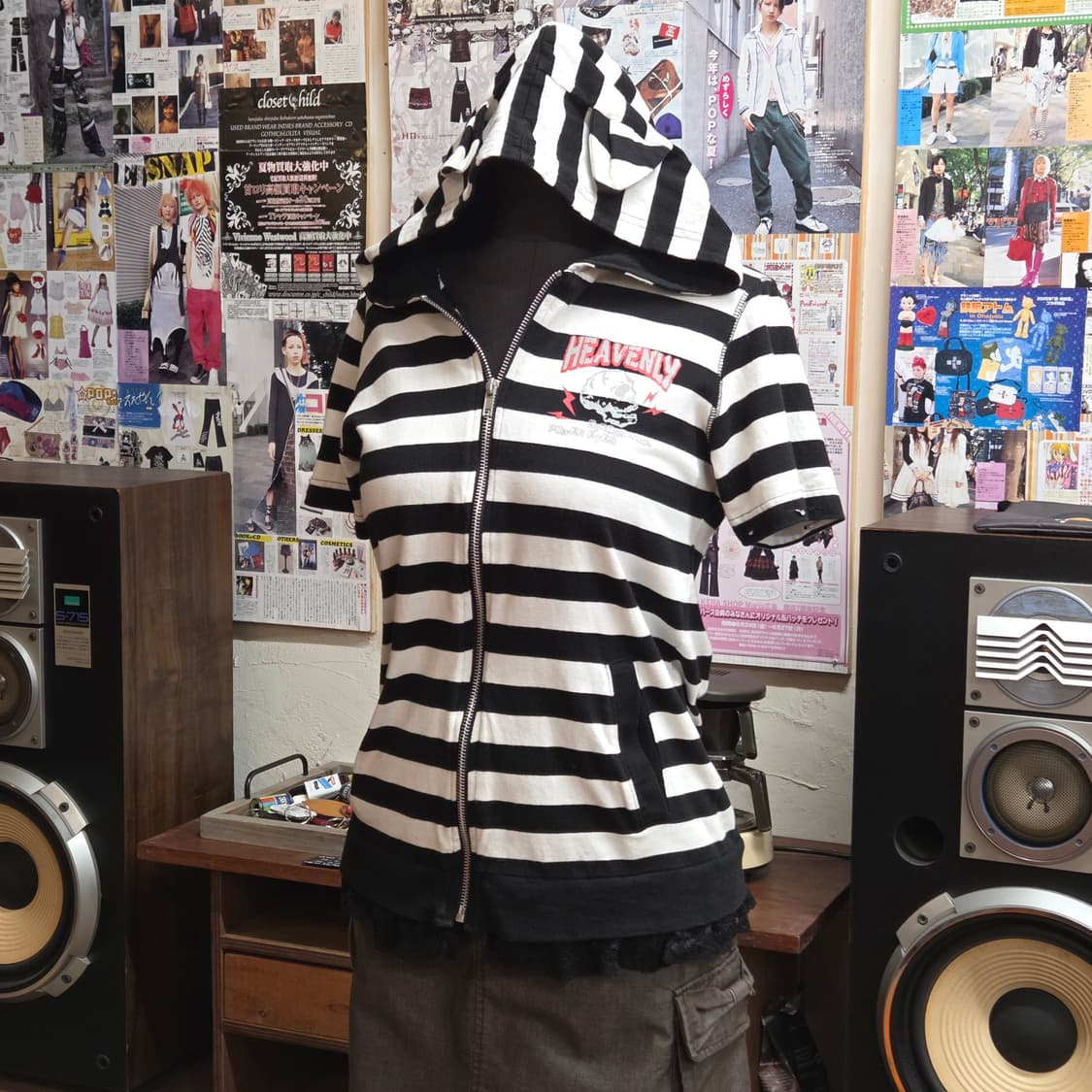 JPN 펑크 스트라이프 레이스 반팔 후드집업 상품이미지1