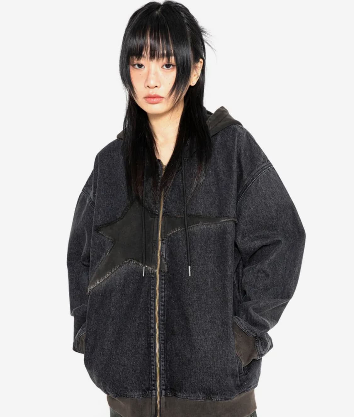 엑스톤즈 XTT061 빈티지 워싱 스타 데님 후드집업 다크 그레이 상품이미지1