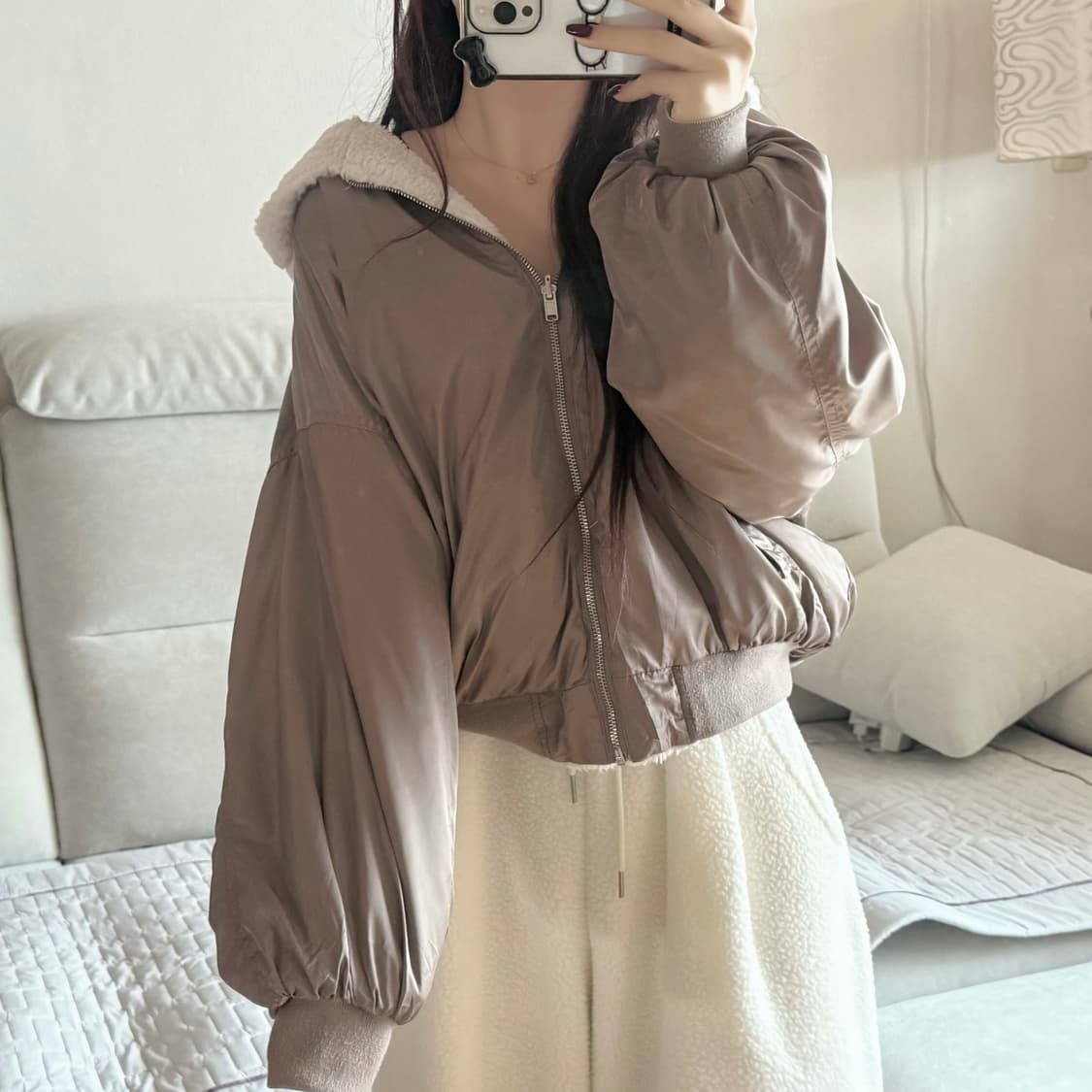 Japanese vintage GRL 카키브라운 리버시블 퍼 항공점퍼 상품이미지2