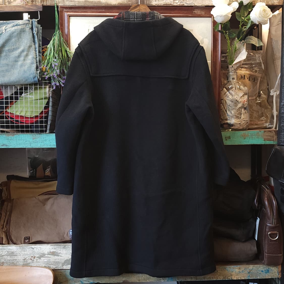 90s 글로버올 더플코트 잉글랜드 플레드 체크 빈티지 헤비울 코트 블랙S 상품이미지3