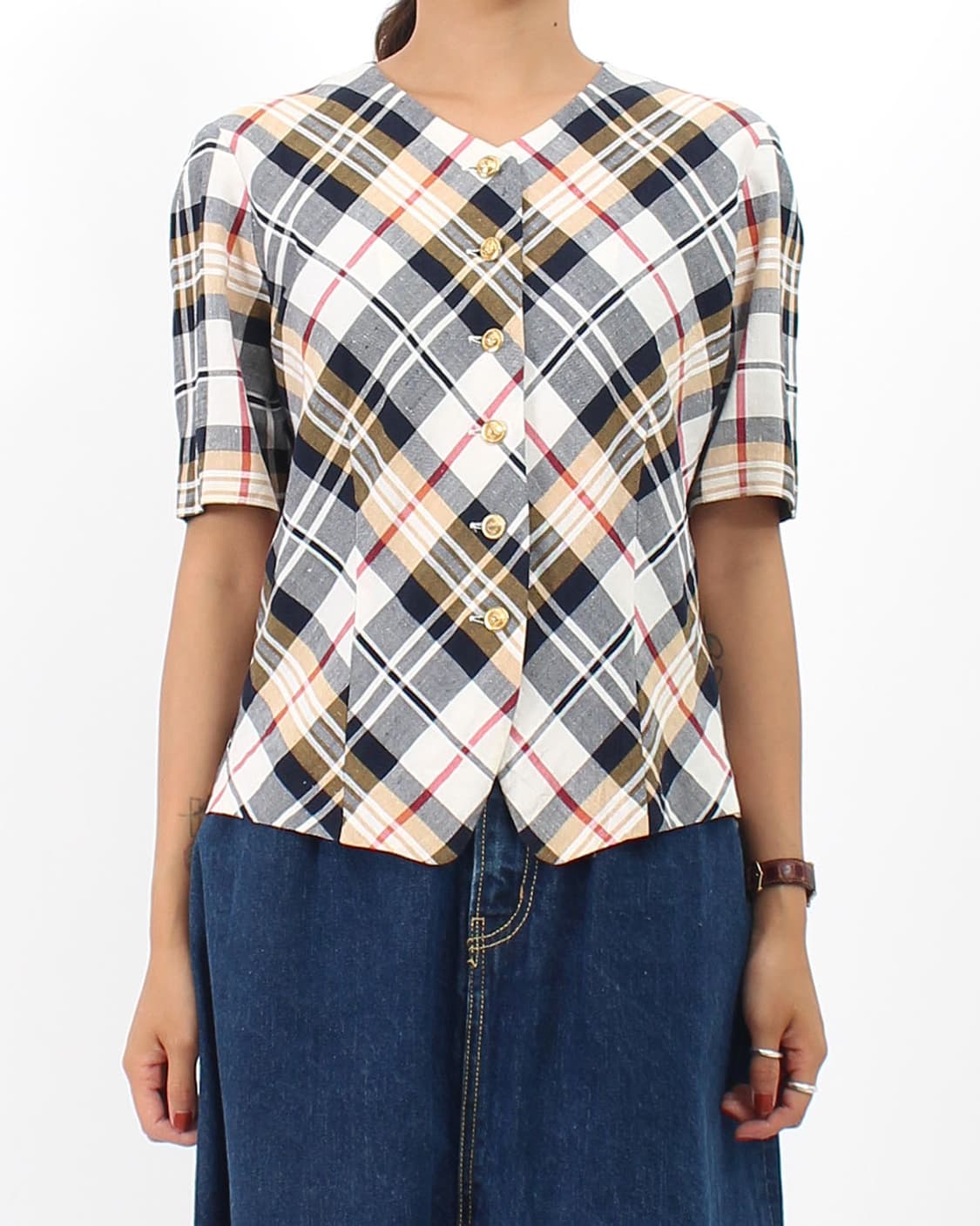 일본 빈티지 체크 인견 골드 버튼 라운드 넥 반팔 블라우스 상품이미지6