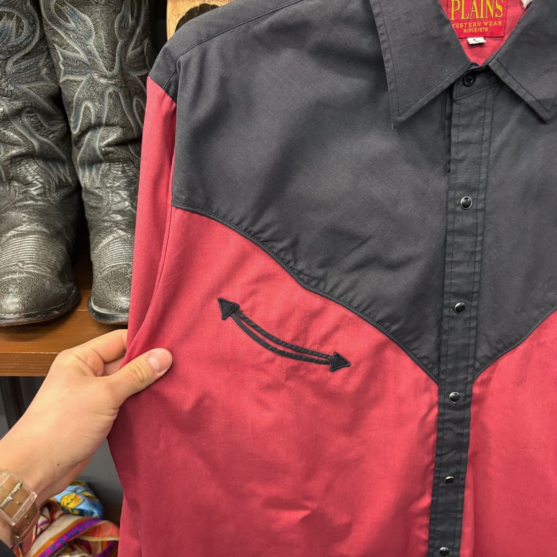 80s 플레인스 와이드요크 실키코튼 배색 웨스턴셔츠 스마일포켓 N603 상품이미지5