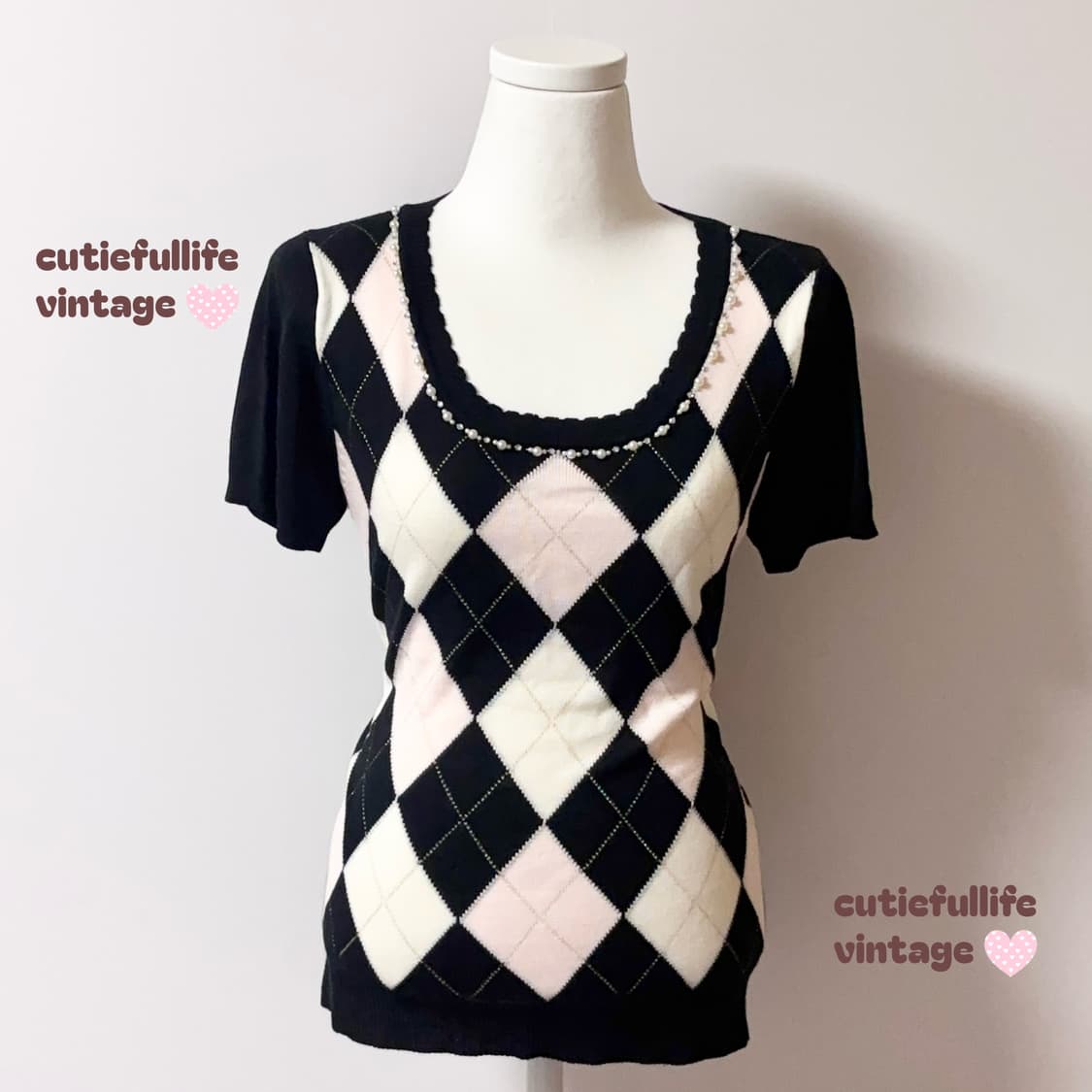 딸기우유 아가일 반팔 니트 탑 히메갸루 상품이미지1