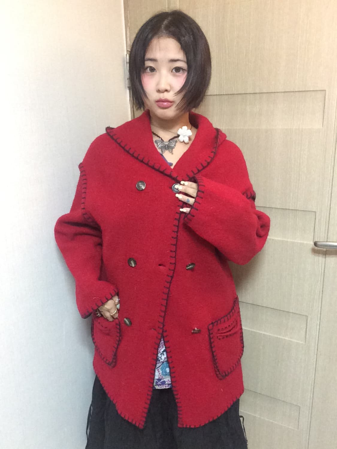 빨강 더블버튼 코트 상품이미지1