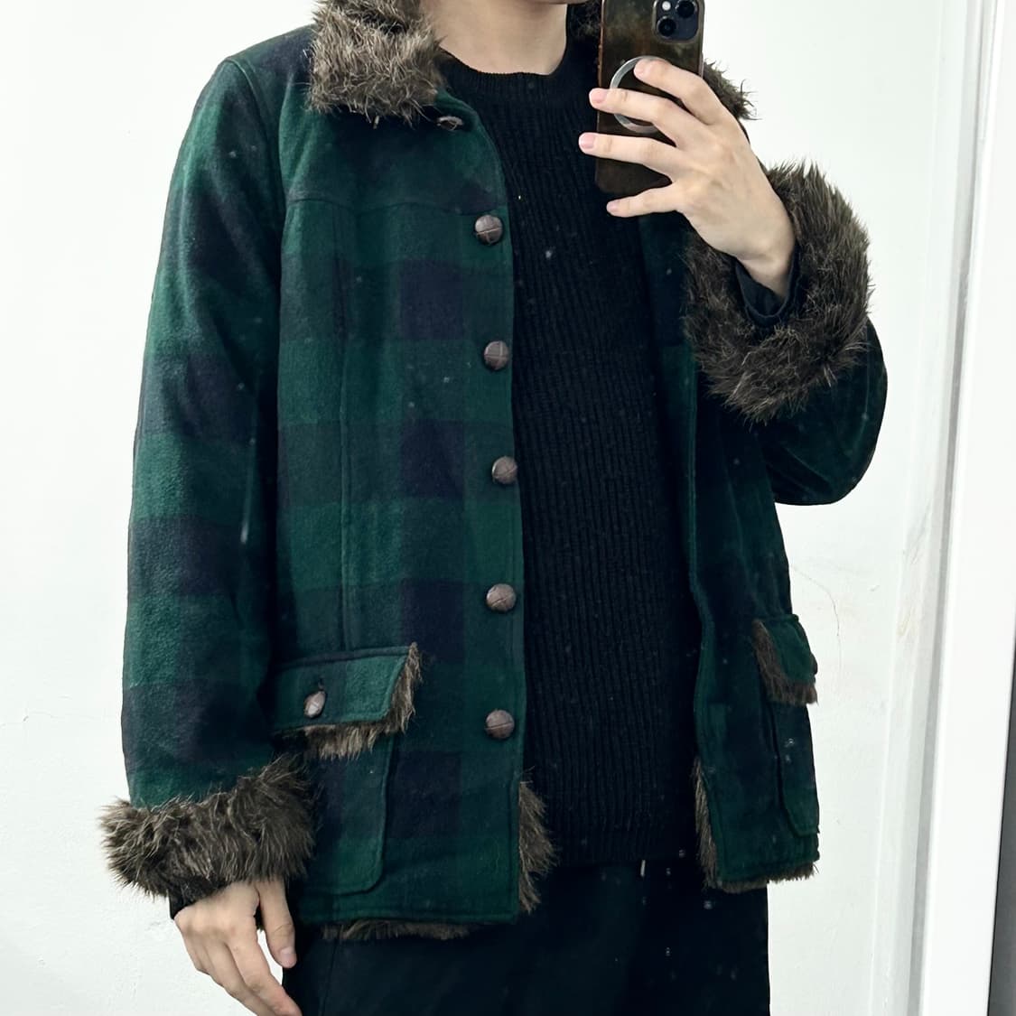 Imana 체크 퍼 자켓 상품이미지2