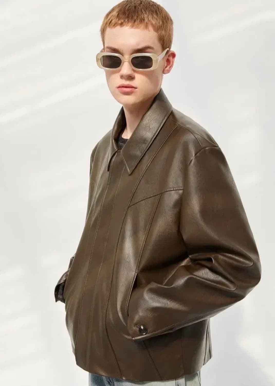 Parts 파츠 커브드 레더 히든자켓 브라운 L사이즈 상품이미지1