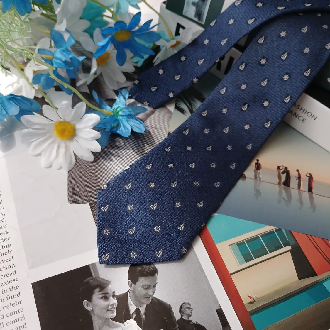 에스.티. 듀퐁 실크 블루 요트 자수 넥타이 8cm A등급 E932 상품이미지3