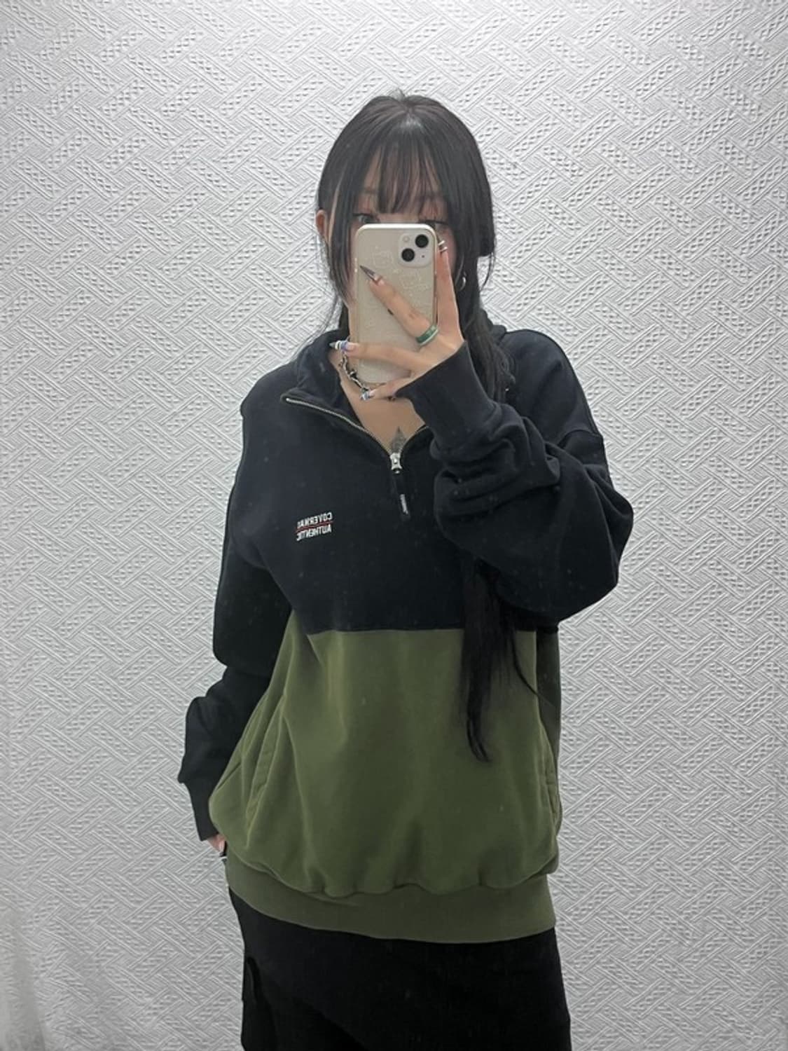 커버낫 캐주얼 올리브카키 배색 반집업 맨투맨 XL C07841 상품이미지2