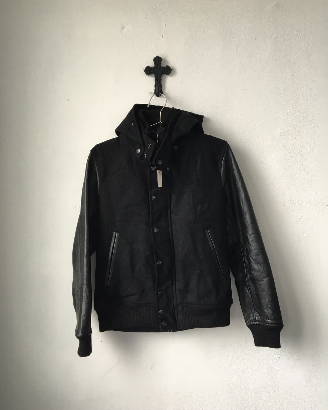 cow Leather layered woolen hood jacket 상품이미지2