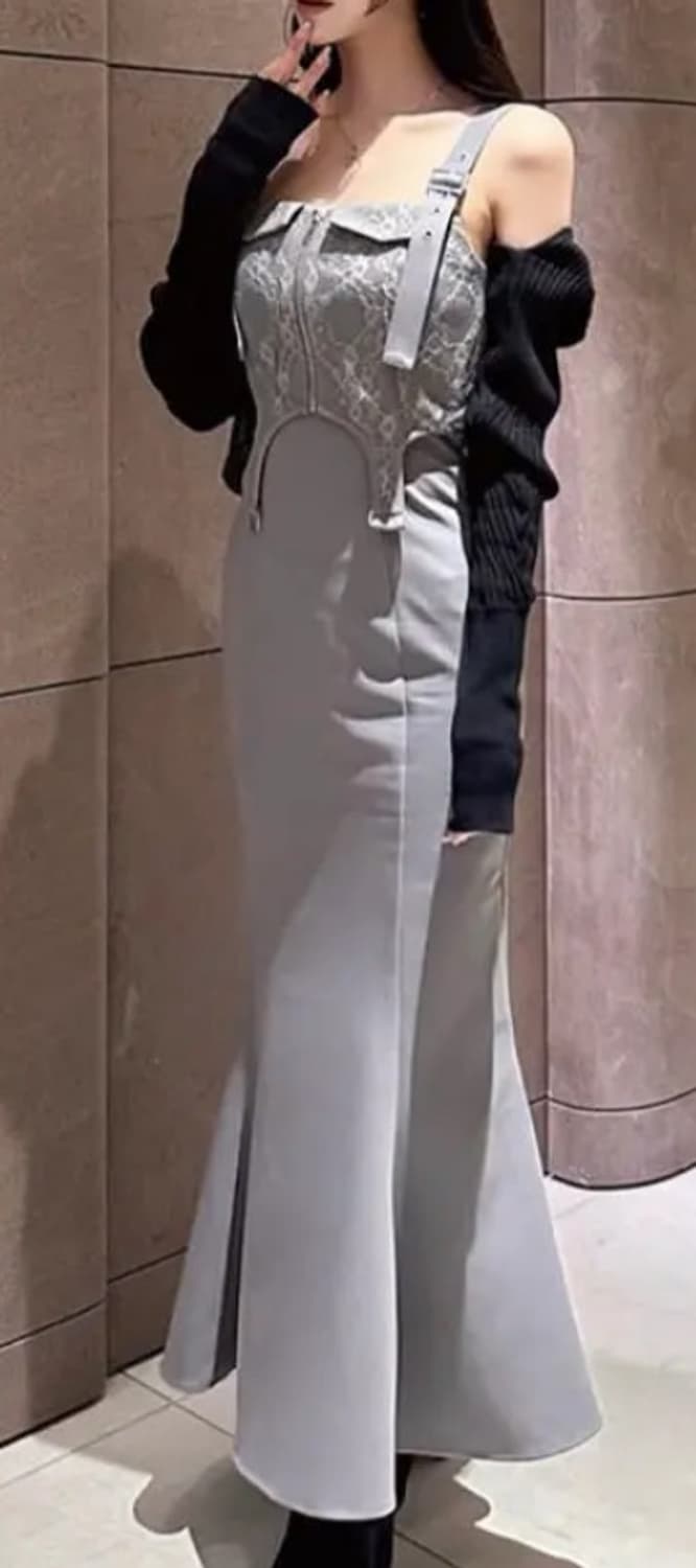 스나계 그레이 레이스 롱 원피스 연말 파티룩 오네갸루 상품이미지3