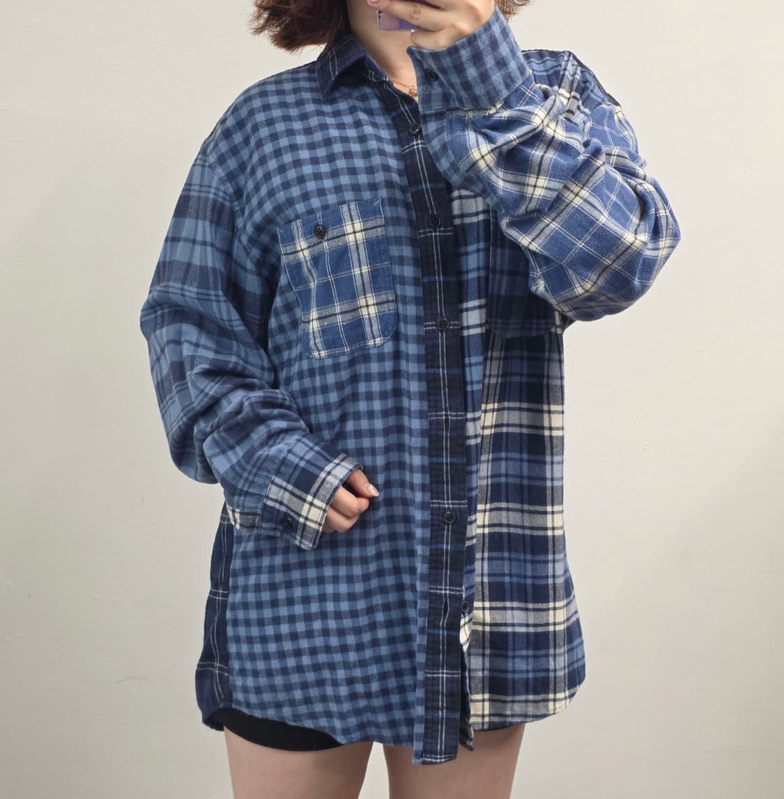 [프립]XL/유니클로 플라넬 패치워크 체크 셔츠 블루 상품이미지2