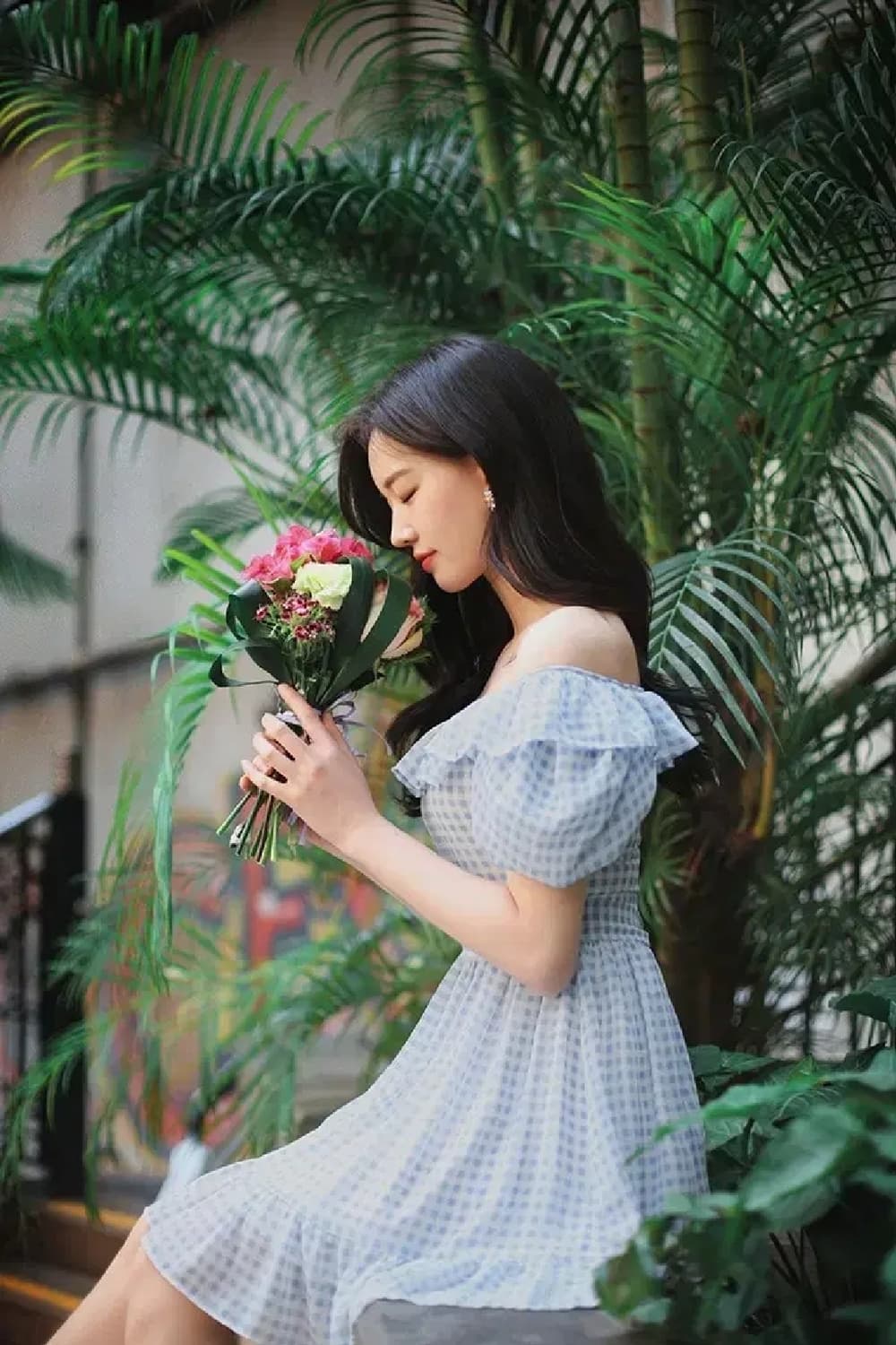 밀크코코아 연블루 체크 오프숄더 리본 쉬폰 원피스 상품이미지6