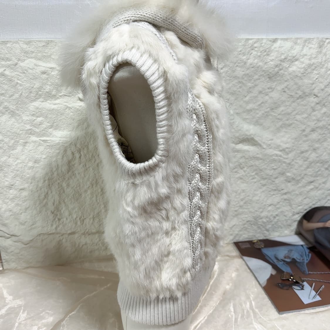 빈티지 순결한 폭스퍼후드 토끼털 꽈배기 니트 조끼 베스트 상품이미지3