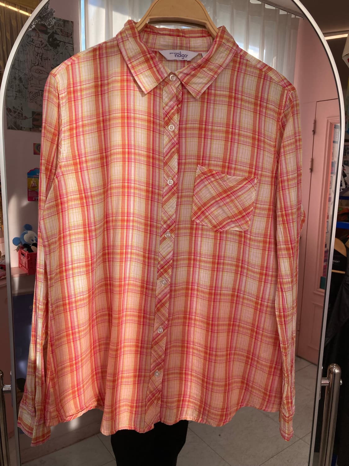 빈티지 오렌지핑크 코튼 100 체크 셔츠 상품이미지2