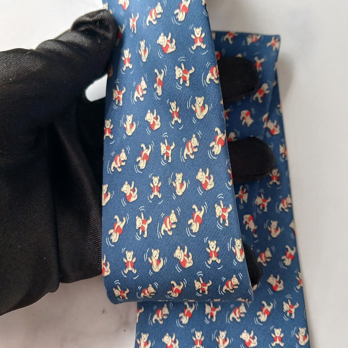 살바토레 페라가모 실크 블루 곰돌이 모티브 넥타이 9cm A등급 E959 상품이미지8