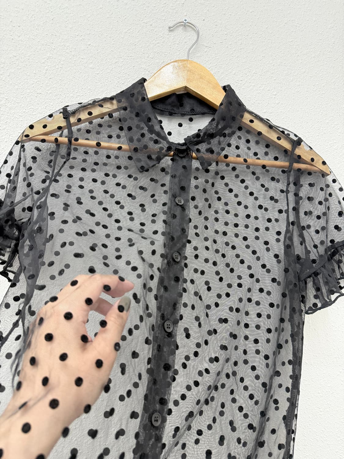 빈티지 블랙 도트 시스루 프릴 레이어드 셔츠 상품이미지3