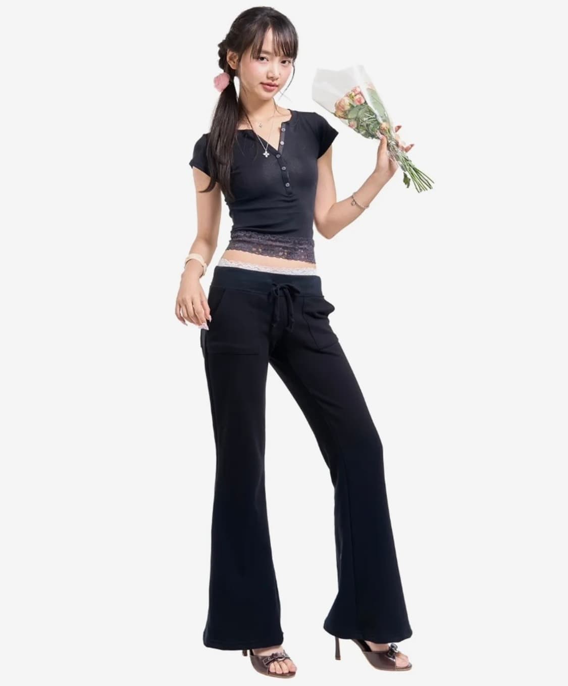 포어링 레이스 밴딩 스웨트팬츠 블랙 상품이미지2