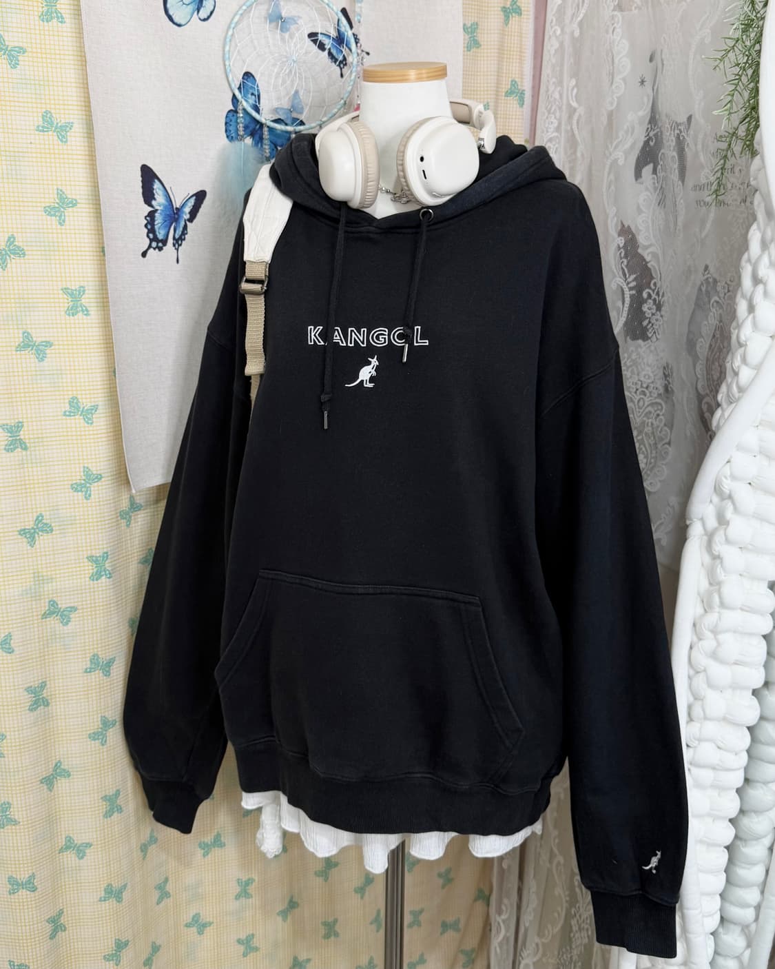캉골 블랙 오버핏 로고 후드 티셔츠 상품이미지2
